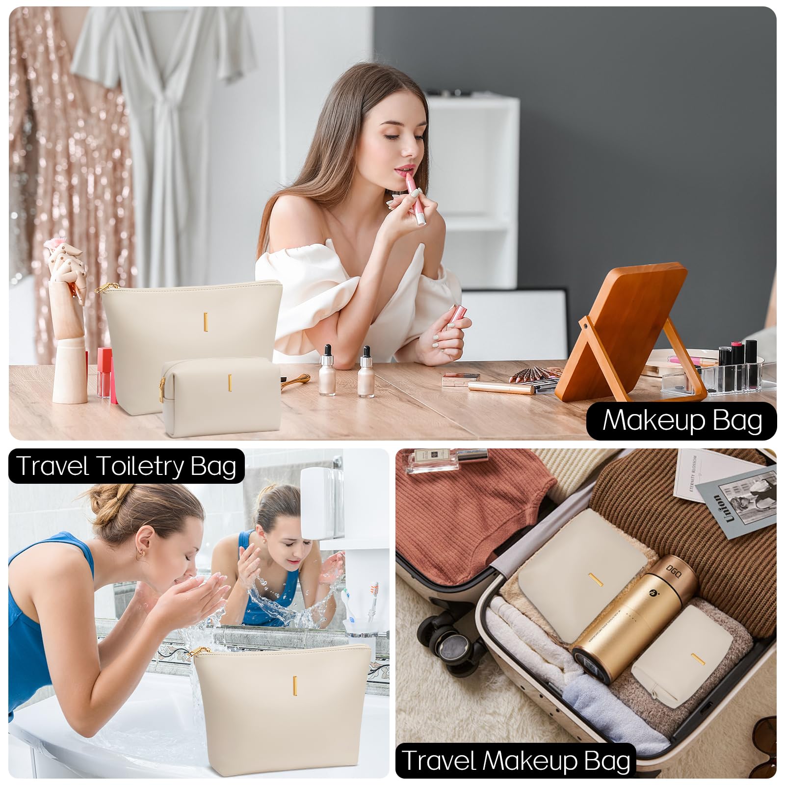 Graduation Gifts | Initial Makeup Bag for Women Personalized Gifts for Bridesmaid Teachers Friend Female College Cosmetic Travel Toiletry Bag(Beige,A)