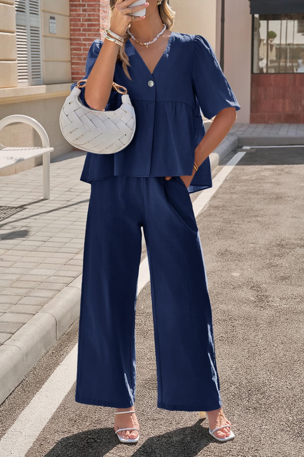 Tankaneo Womens 2 Piece Linen Sets Summer Vacation Outfits V Neck Puff Sleeve Babydoll Tops Wide Leg Pants Matching Sets