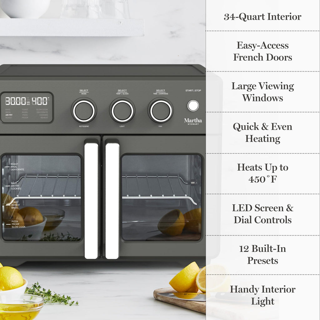 Martha Stewart French Door Air Fryer Toaster Oven Combo, 34QT Countertop Convection, 12-in-1, Bake, Broil, Roast, Fits 12” Pizza, Dehydrate, 5 Accessories, Air Fry Basket, Stainless Steel, Linen White