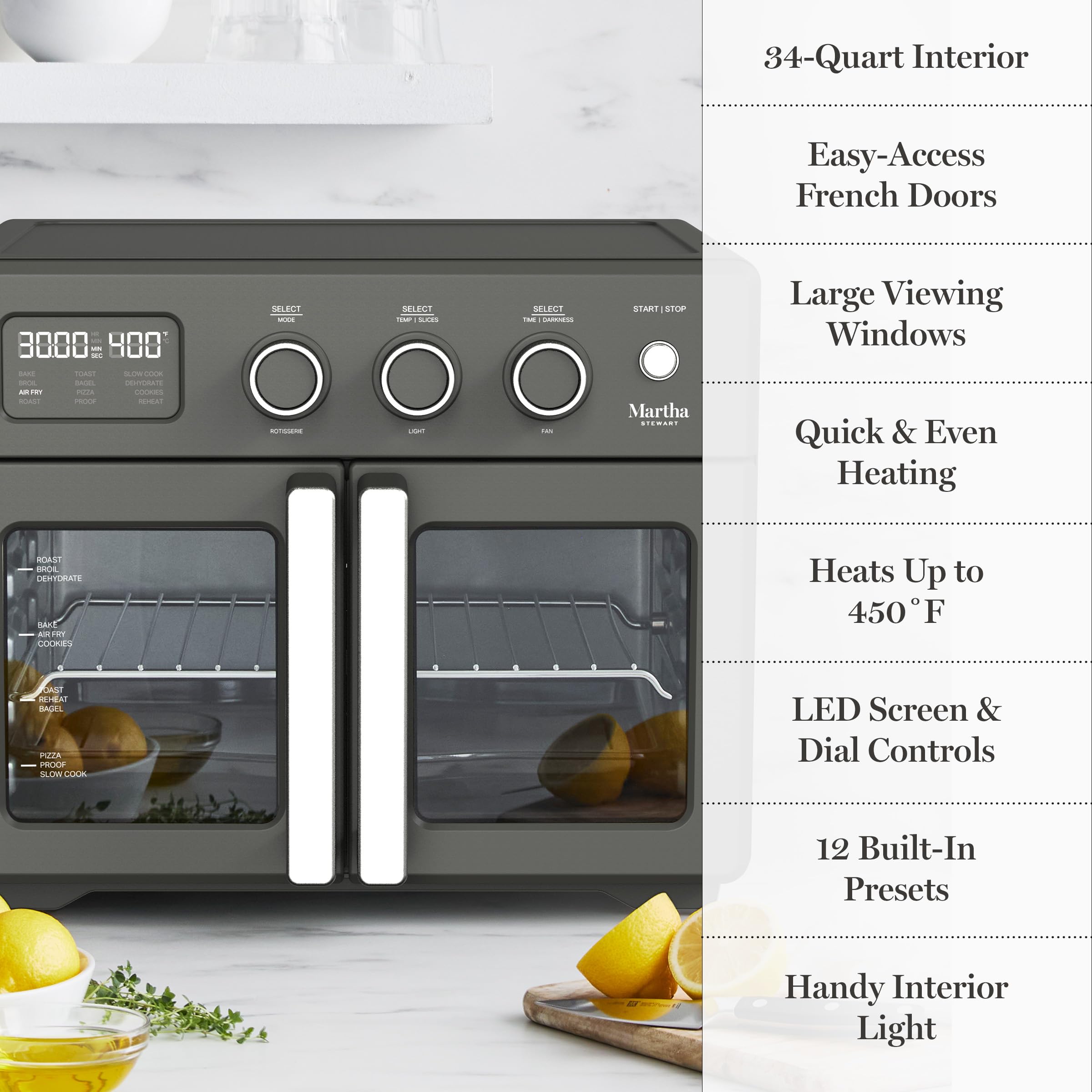 Martha Stewart French Door Air Fryer Toaster Oven Combo, 34QT Countertop Convection, 12-in-1, Bake, Broil, Roast, Fits 12” Pizza, Dehydrate, 5 Accessories, Air Fry Basket, Stainless Steel, Linen White