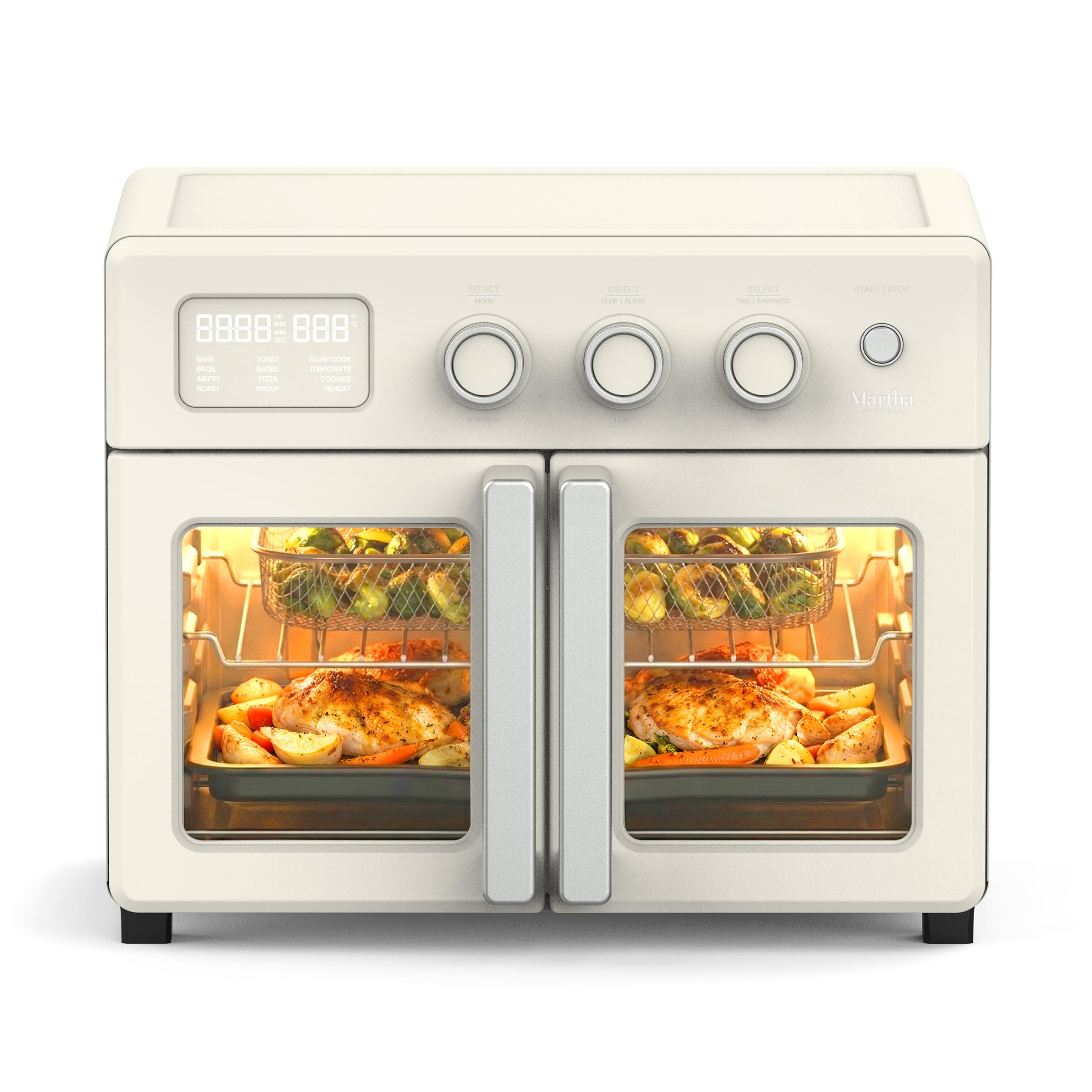 Martha Stewart French Door Air Fryer Toaster Oven Combo, 34QT Countertop Convection, 12-in-1, Bake, Broil, Roast, Fits 12” Pizza, Dehydrate, 5 Accessories, Air Fry Basket, Stainless Steel, Linen White