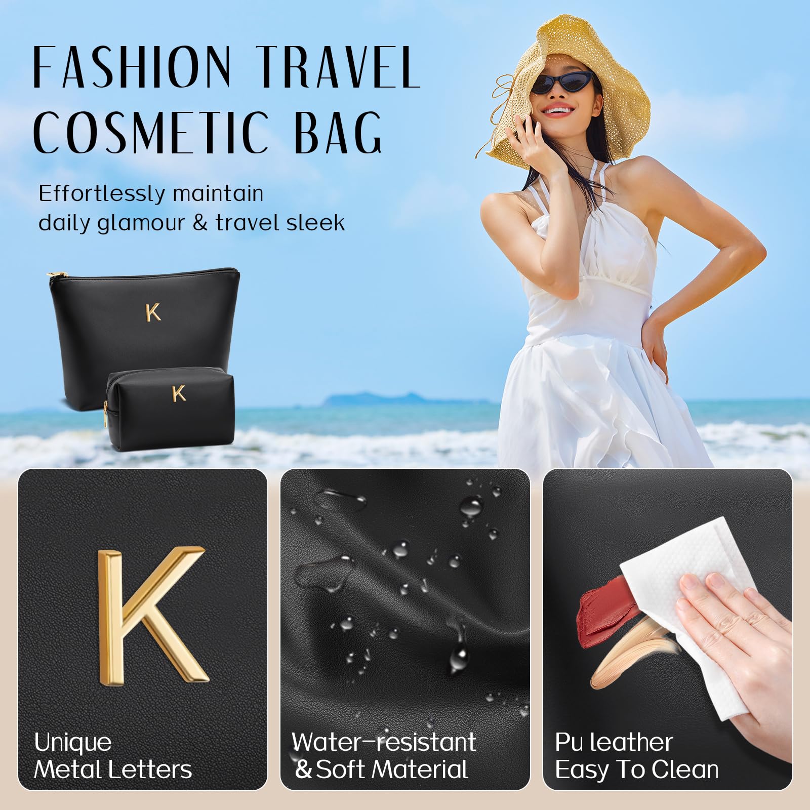 Graduation Gifts | Initial Makeup Bag for Women Personalized Gifts for Bridesmaid Teachers Friend Female College Cosmetic Travel Toiletry Bag(Beige,A)