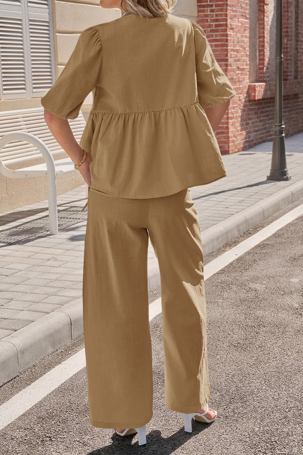 Tankaneo Womens 2 Piece Linen Sets Summer Vacation Outfits V Neck Puff Sleeve Babydoll Tops Wide Leg Pants Matching Sets