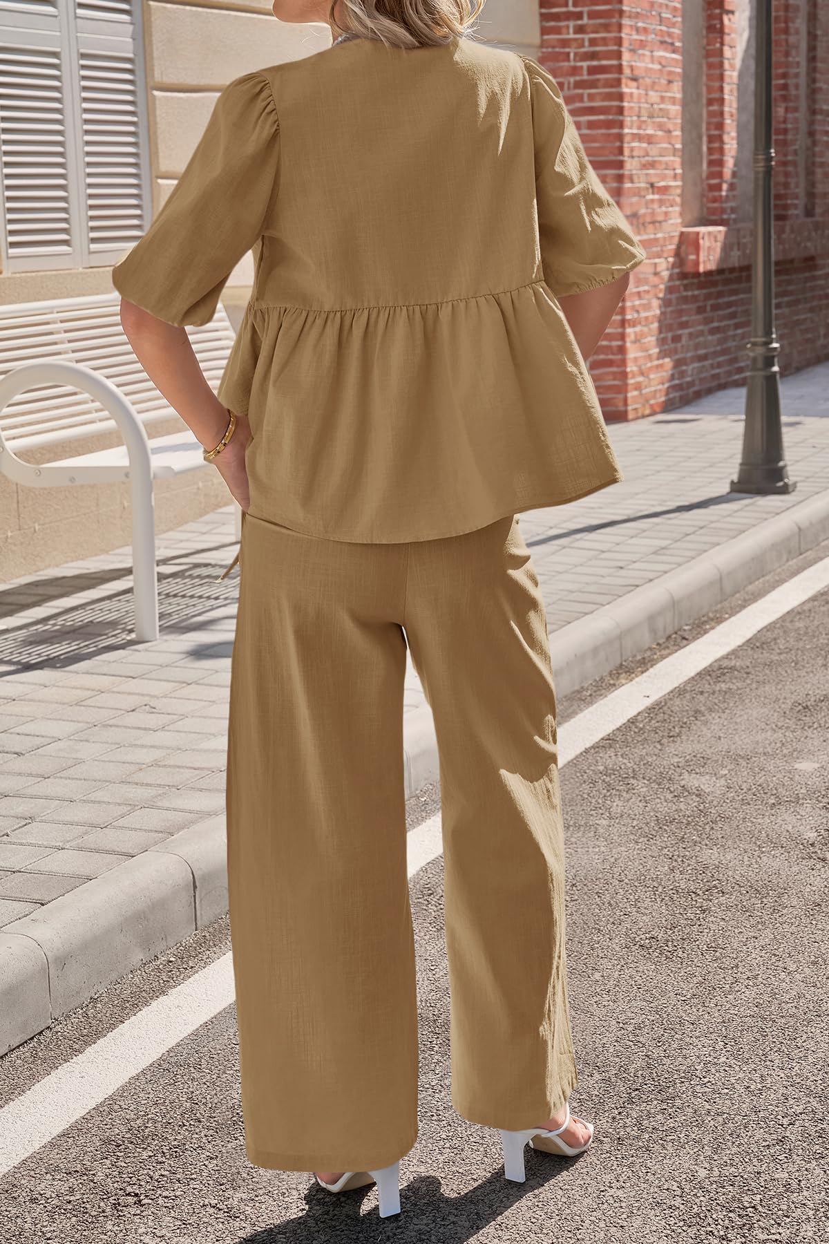 Tankaneo Womens 2 Piece Linen Sets Summer Vacation Outfits V Neck Puff Sleeve Babydoll Tops Wide Leg Pants Matching Sets