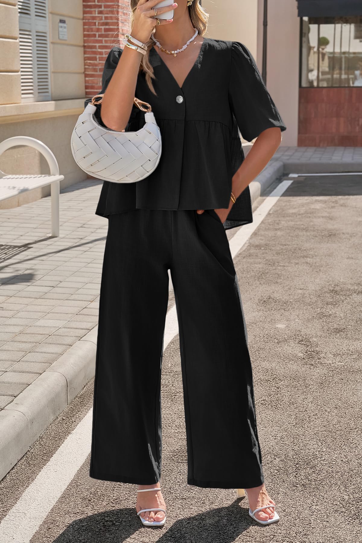 Tankaneo Womens 2 Piece Linen Sets Summer Vacation Outfits V Neck Puff Sleeve Babydoll Tops Wide Leg Pants Matching Sets