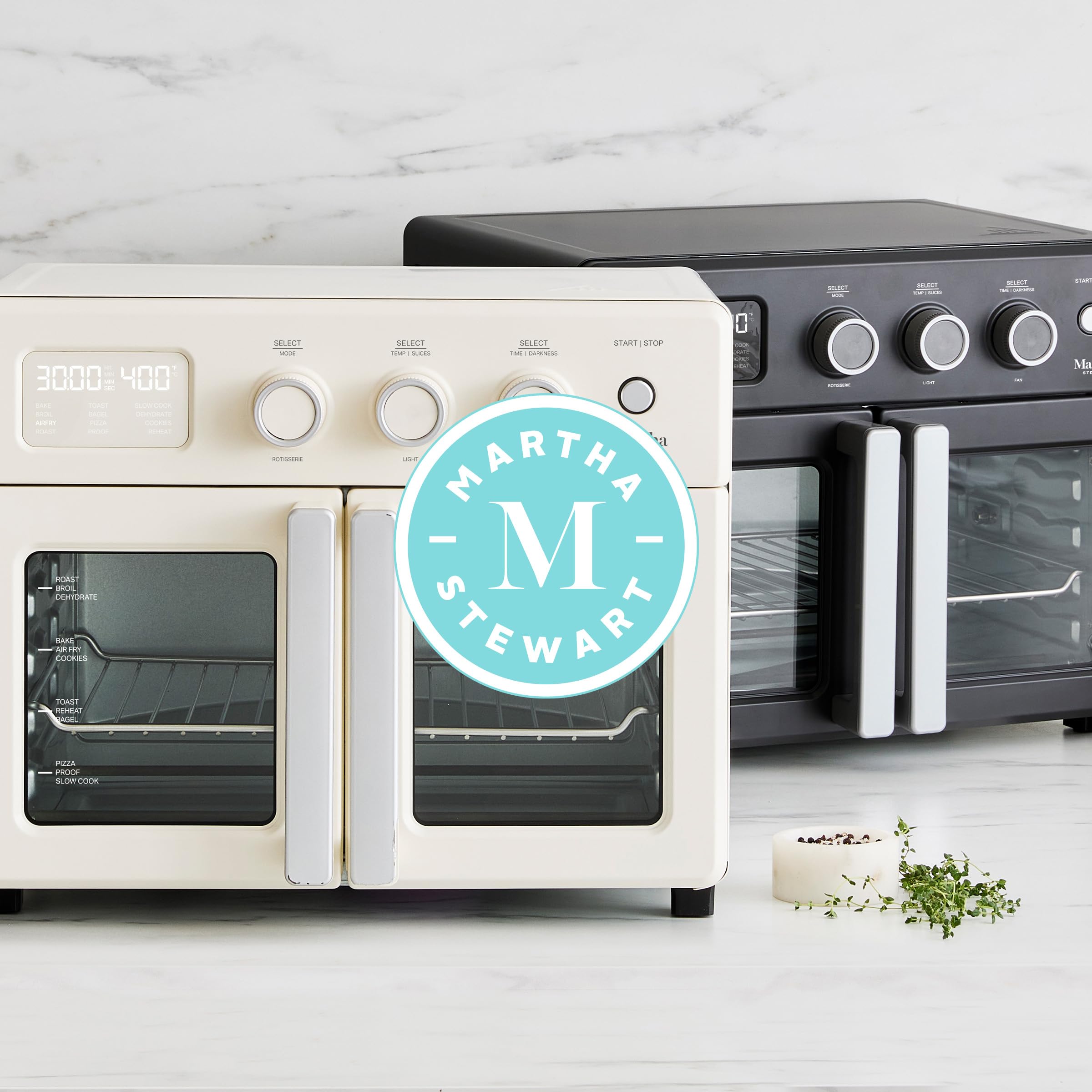 Martha Stewart French Door Air Fryer Toaster Oven Combo, 34QT Countertop Convection, 12-in-1, Bake, Broil, Roast, Fits 12” Pizza, Dehydrate, 5 Accessories, Air Fry Basket, Stainless Steel, Linen White