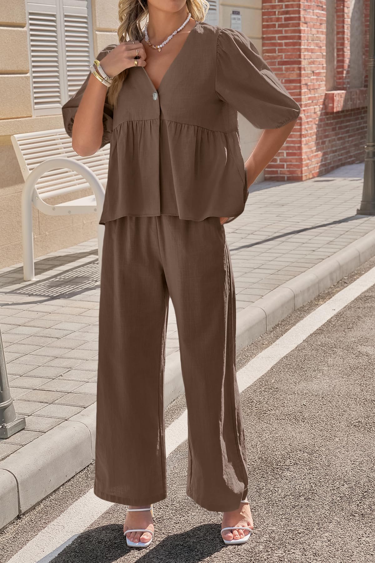 Tankaneo Womens 2 Piece Linen Sets Summer Vacation Outfits V Neck Puff Sleeve Babydoll Tops Wide Leg Pants Matching Sets