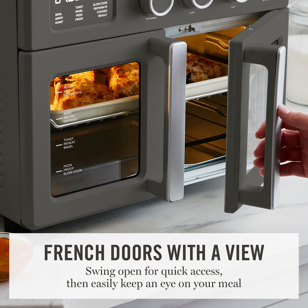 Martha Stewart French Door Air Fryer Toaster Oven Combo, 34QT Countertop Convection, 12-in-1, Bake, Broil, Roast, Fits 12” Pizza, Dehydrate, 5 Accessories, Air Fry Basket, Stainless Steel, Linen White