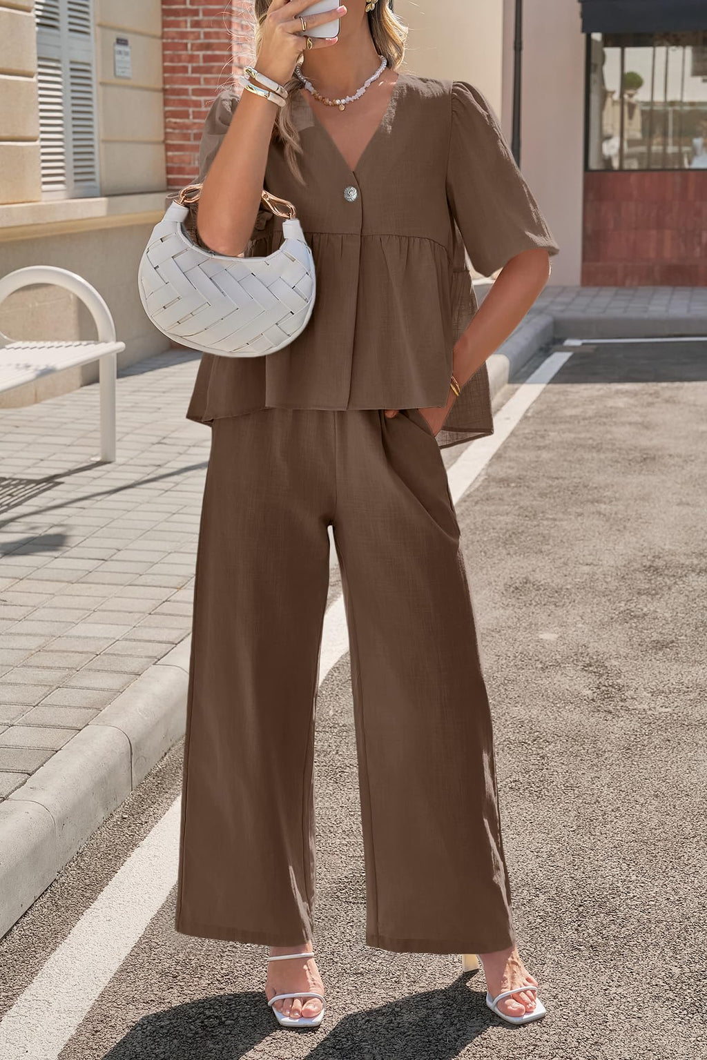 Tankaneo Womens 2 Piece Linen Sets Summer Vacation Outfits V Neck Puff Sleeve Babydoll Tops Wide Leg Pants Matching Sets