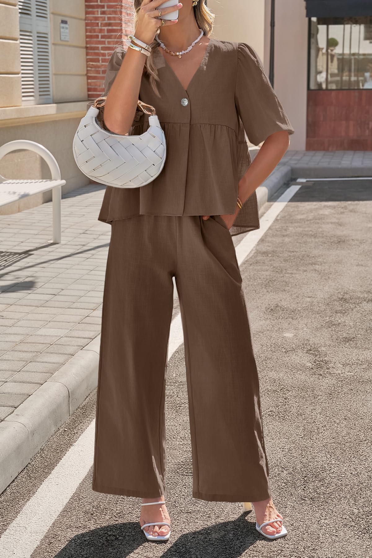 Tankaneo Womens 2 Piece Linen Sets Summer Vacation Outfits V Neck Puff Sleeve Babydoll Tops Wide Leg Pants Matching Sets