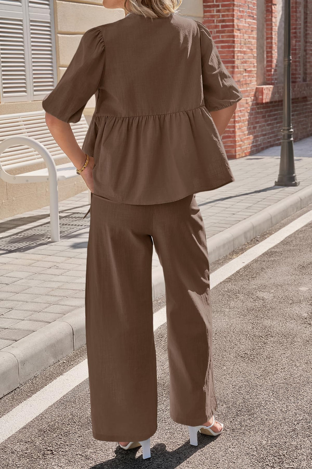 Tankaneo Womens 2 Piece Linen Sets Summer Vacation Outfits V Neck Puff Sleeve Babydoll Tops Wide Leg Pants Matching Sets