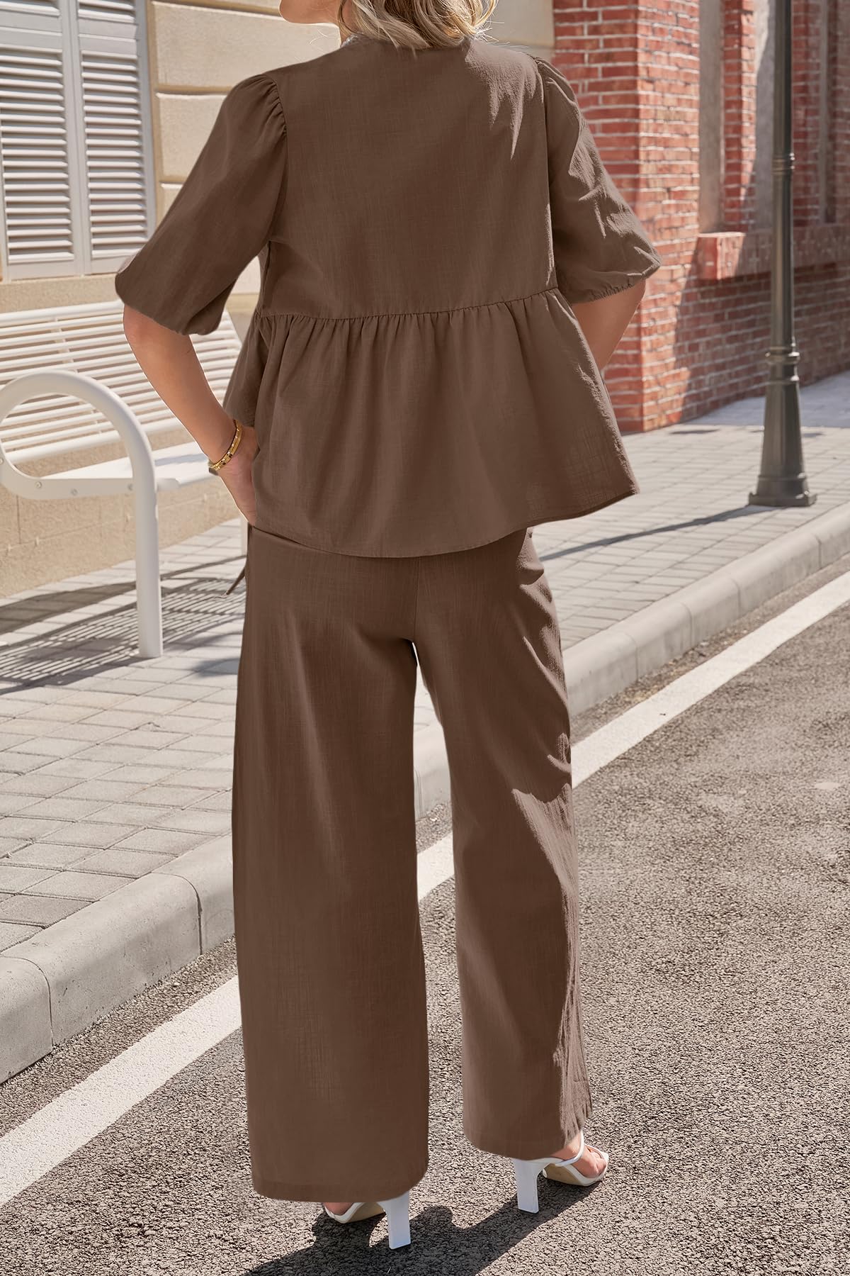 Tankaneo Womens 2 Piece Linen Sets Summer Vacation Outfits V Neck Puff Sleeve Babydoll Tops Wide Leg Pants Matching Sets
